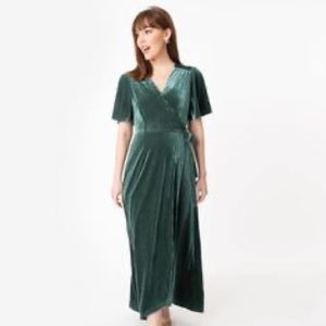 Unique Vintage In Bloom Sage Green Corduroy Velvet Maxi Wrap Dress